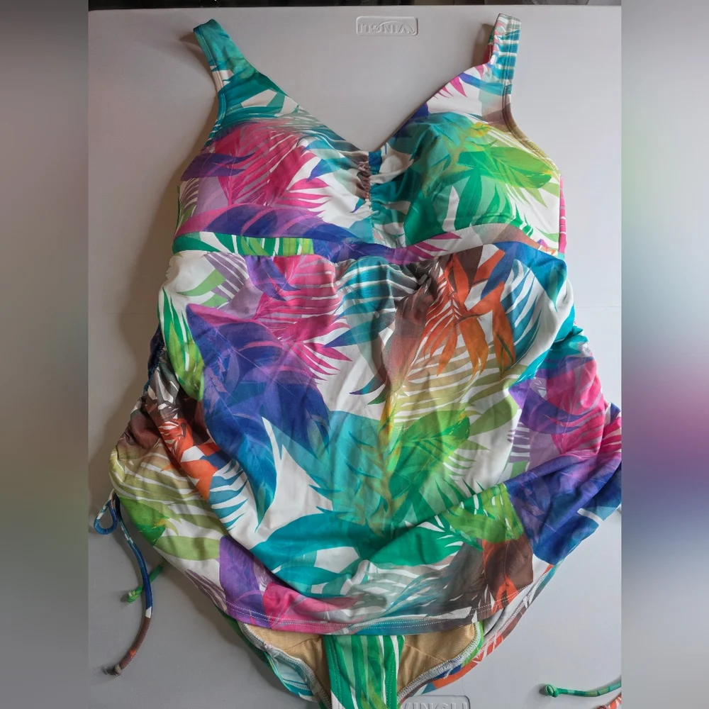 NWT Cacique Swim 18W Rainbow Leaf One Piece Tankini Swimsuit 2743-i